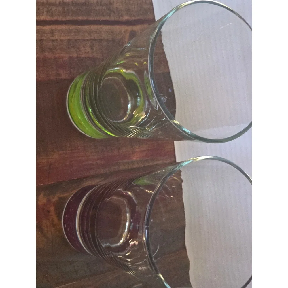 Set of 2 Highball‎ Glasses Heavy Sham Color Bottom Green Purple Tapered Tumblers